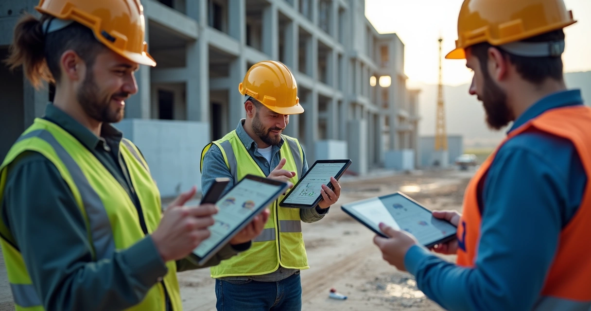 Equipe de construção usando tablets em obra digitalizada 