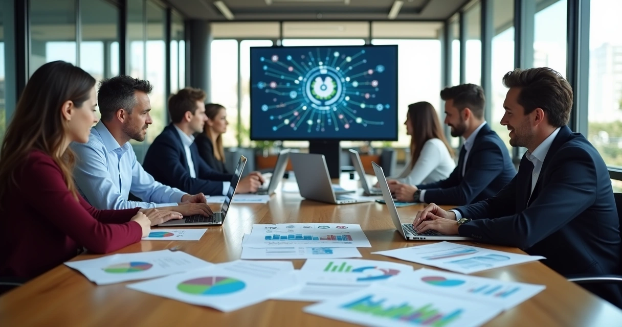 Equipe de profissionais analisando relatórios com gráficos em uma mesa
