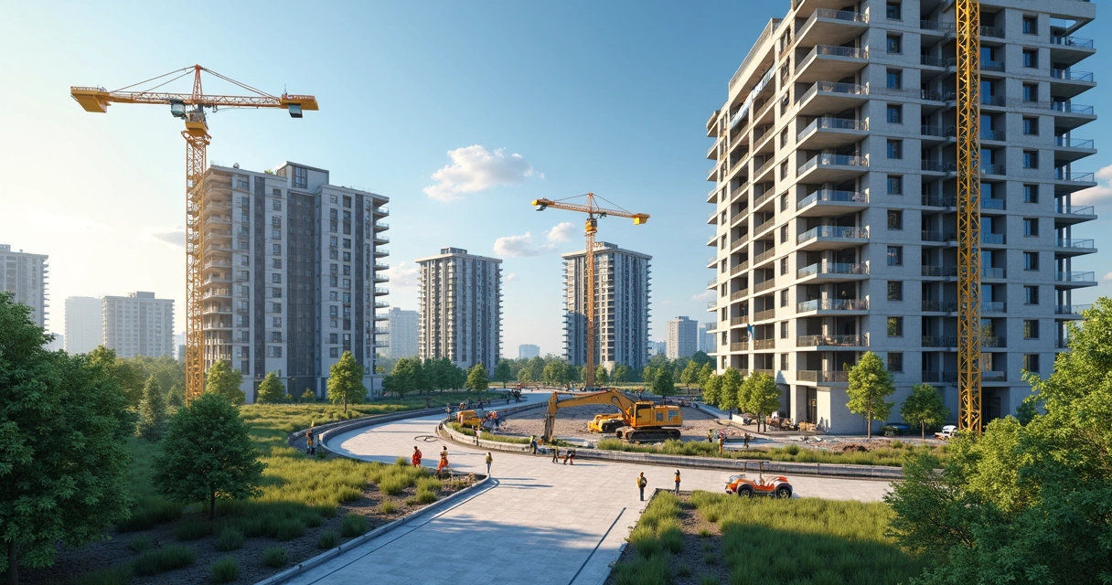 Vista panorâmica de empreendimento imobiliário em construção com prédios modernos, áreas verdes e equipamentos de obra ativos 