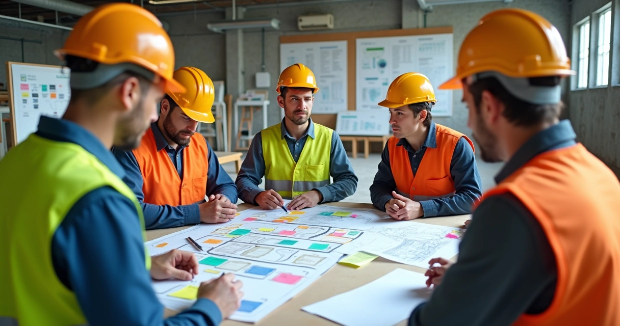 Equipe de obra aplicando conceitos da construção enxuta no canteiro 