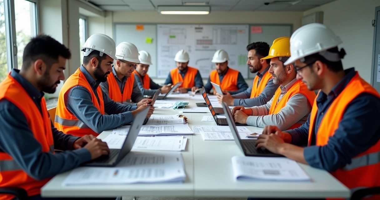 Equipe de engenheiros analisando diversas planilhas no canteiro de obras 