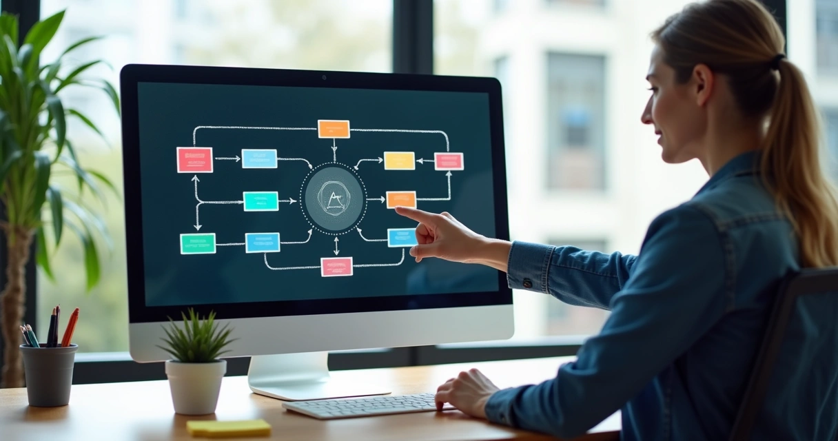 Fluxogramas coloridos em tela de computador representando automações de assistente virtual 