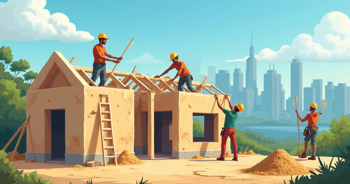 Obra de construção civil com hempcrete e trabalhadores aplicando material 
