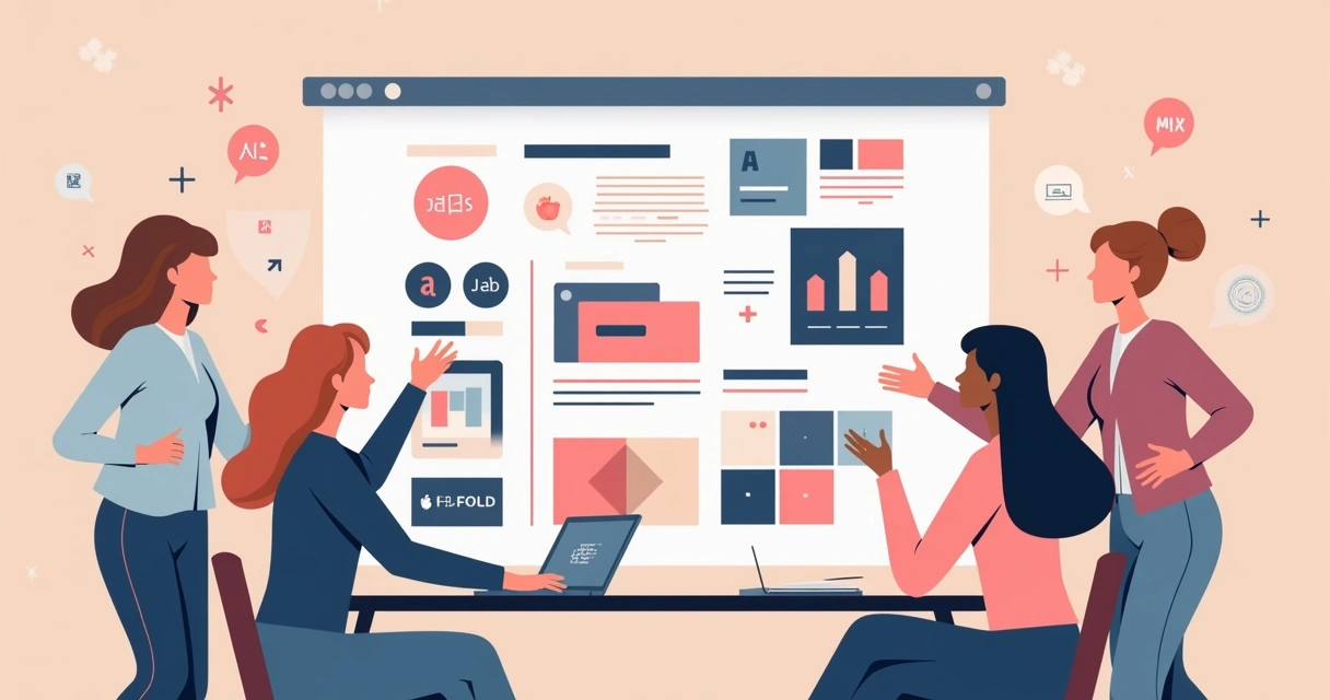 Ilustração de mulheres criando identidade visual com elementos de design e tecnologia 