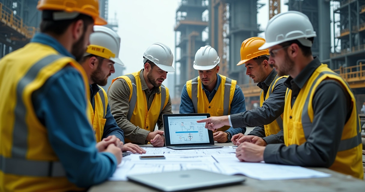 Equipe de trabalho industrial analisando documentos em canteiro de obras 
