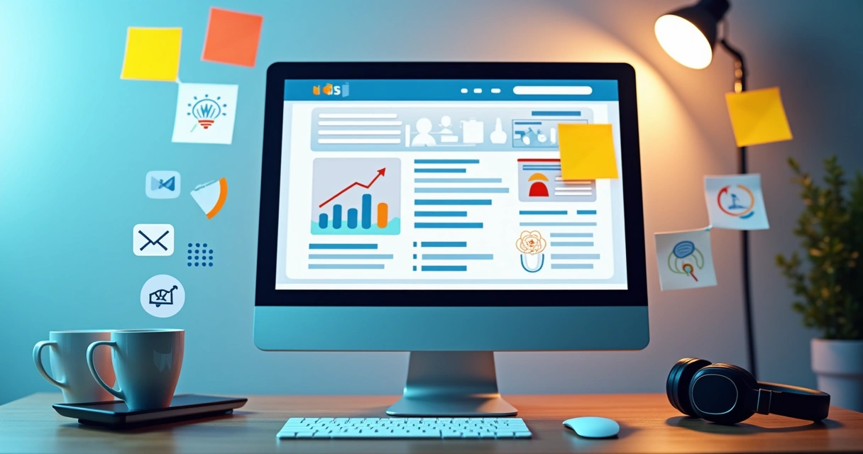 Layout de landing page em computador de mesa com elementos de marketing digital 