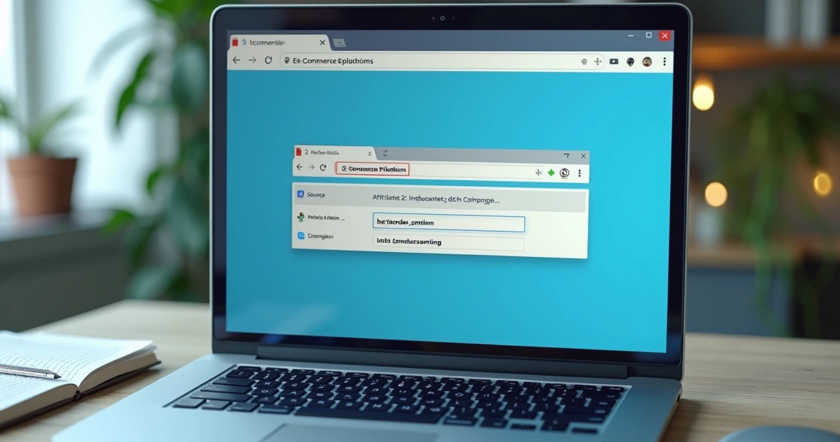 Tela de computador mostrando a construção de um link tagueado detalhado, com parâmetros UTM destacados e interface de e-commerce ao fundo 