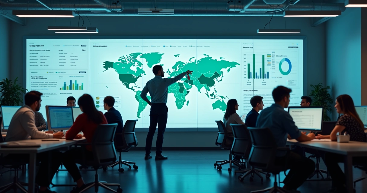 Equipe criando lista segmentada de contatos B2B com computadores e quadros de dados 