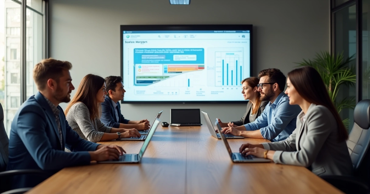 Equipe analisando listas de leads em laptops em sala de reuniões 
