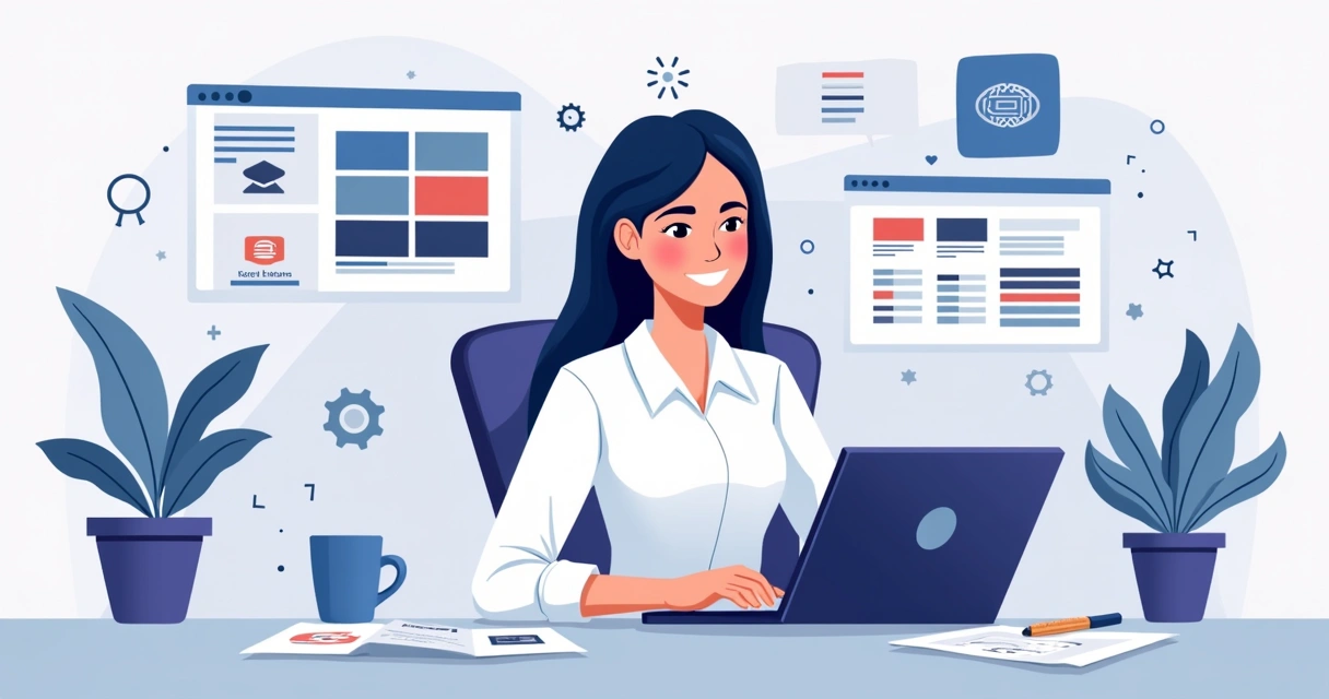 Ilustração plana corporativa de mulher empreendedora interagindo com elementos digitais e de design para construir marca autêntica e forte 