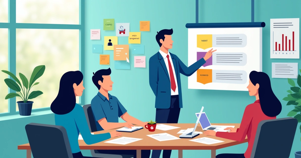 Equipe reunida planejando mensagens-chave de campanha política 