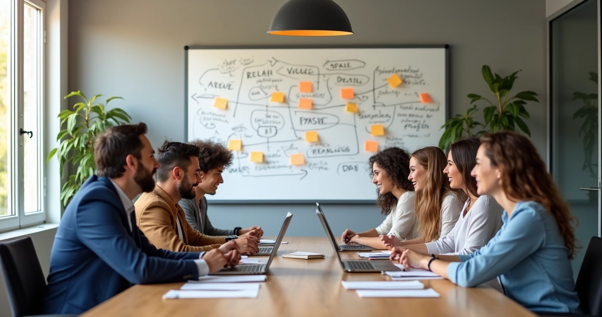 Equipe reunida ao redor de uma mesa fazendo planejamento de metas em conjunto 