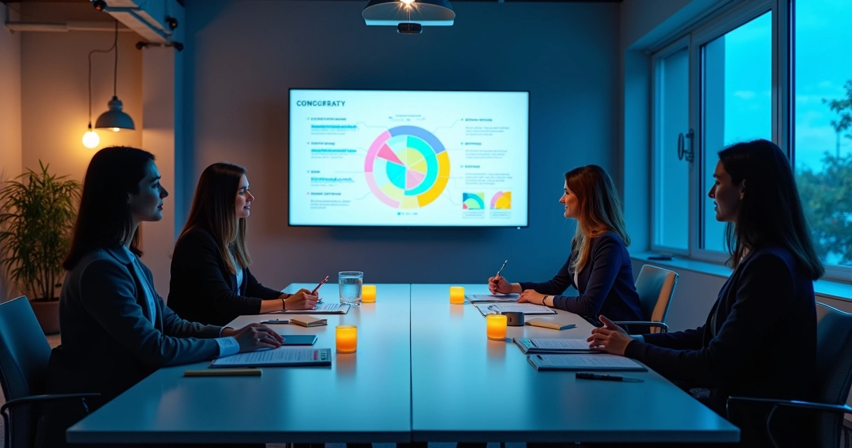 Lead Scoring B2B SaaS: Guia Prático de Modelos e Erros 3 Time de negócios reunido em mesa circular com telas mostrando fluxos de lead scoring