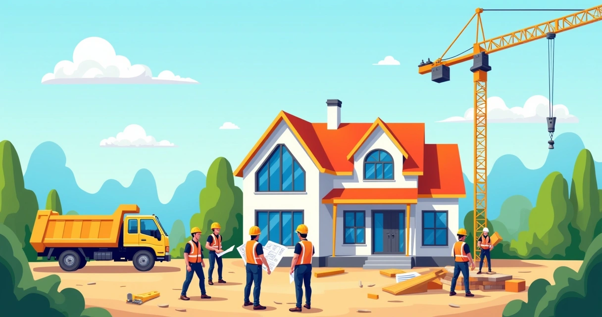 Construção de uma casa moderna com profissionais colaborando em um canteiro de obras organizado, simbolizando o modelo Turn Key Engenharia.