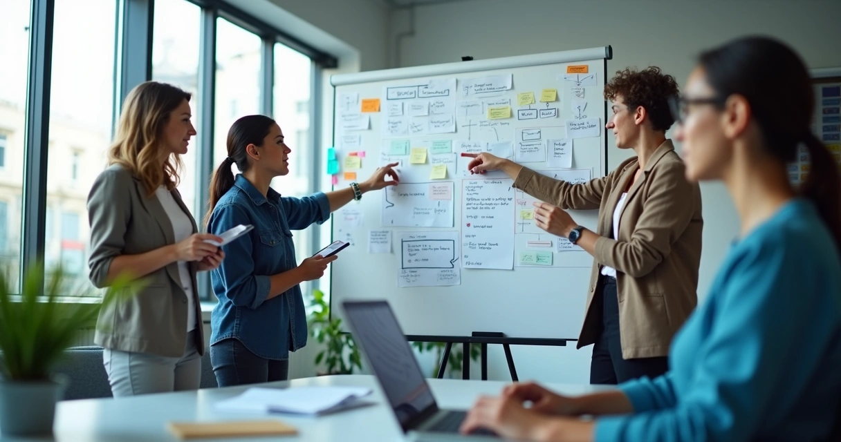 Equipe discutindo narrativa empresarial em frente a quadro branco 