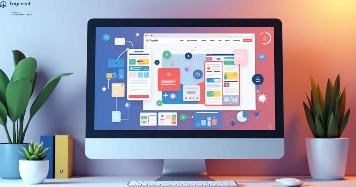 Modelo 3D de computador apresentando uma tela com construtor de página Greatpages, mostrando edição de landing page colorida, com elementos de design, integração de formulários e gráficos de desempenh