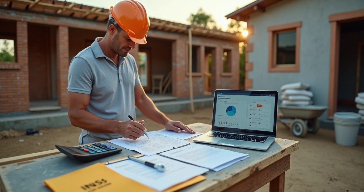 Pessoa analisando documentos de INSS ao lado de obra residencial em construção 
