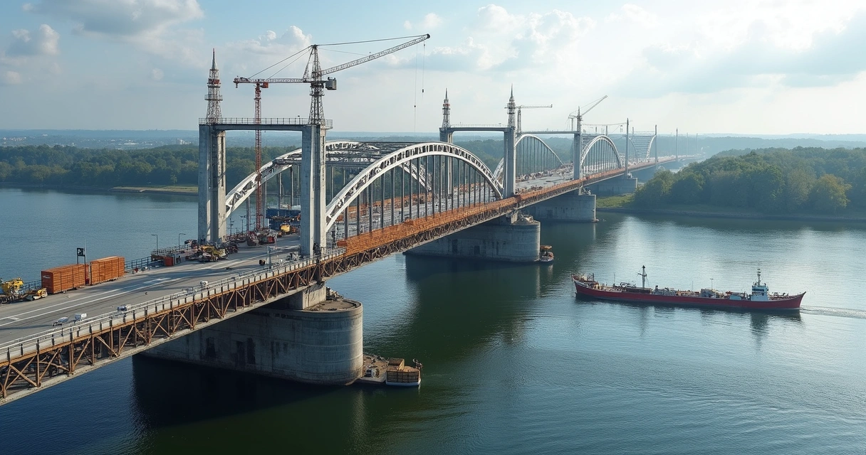 Construção de ponte moderna sobre rio largo