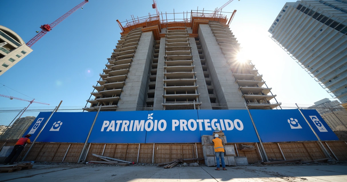 Prédio em construção com cartaz mostrando separação patrimonial 