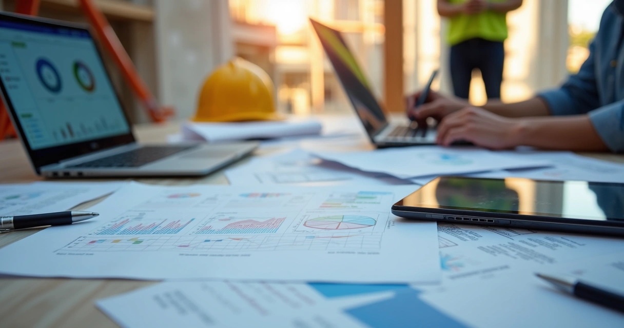 Mesa de obra com documentos manuais, pranchetas e canetas ao lado de tablets e laptops mostrando gráficos digitais 