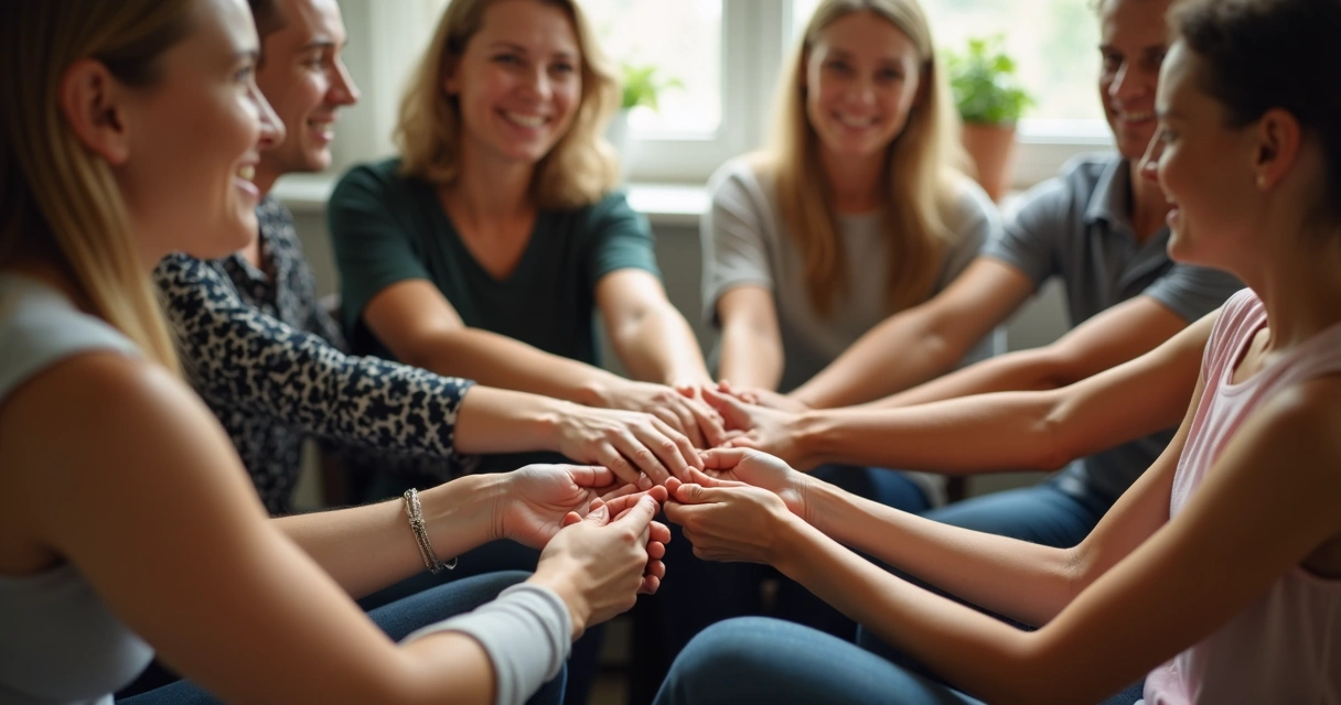Grupo de pessoas em roda, olhando nos olhos e sorrindo 