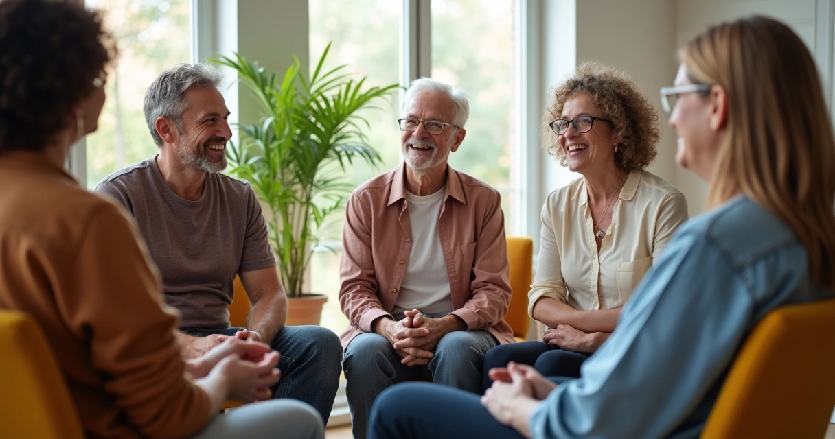 Pessoas em círculo sorrindo durante uma conversa. 