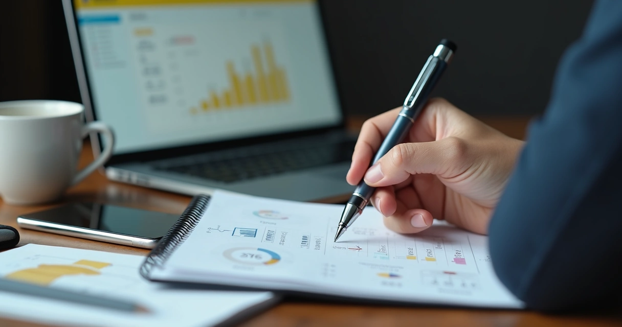 Pessoa transferindo dinheiro entre contas no notebook e anotando estratégia em caderno ao lado 