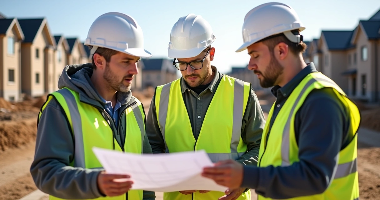 Equipe analisando memorial técnico em obra residencial em andamento 