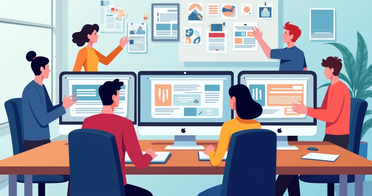 Profissionais colaborando na criação de um site em uma plataforma digital 