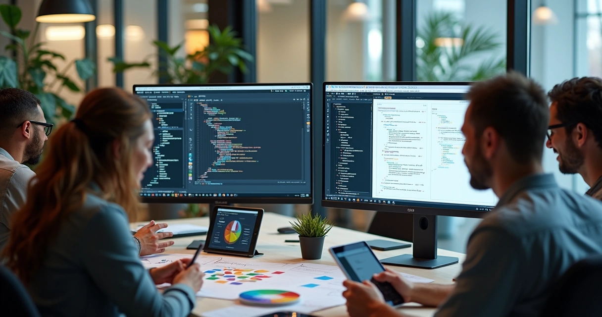 Equipe trabalhando juntos em design e programação de site responsivo 