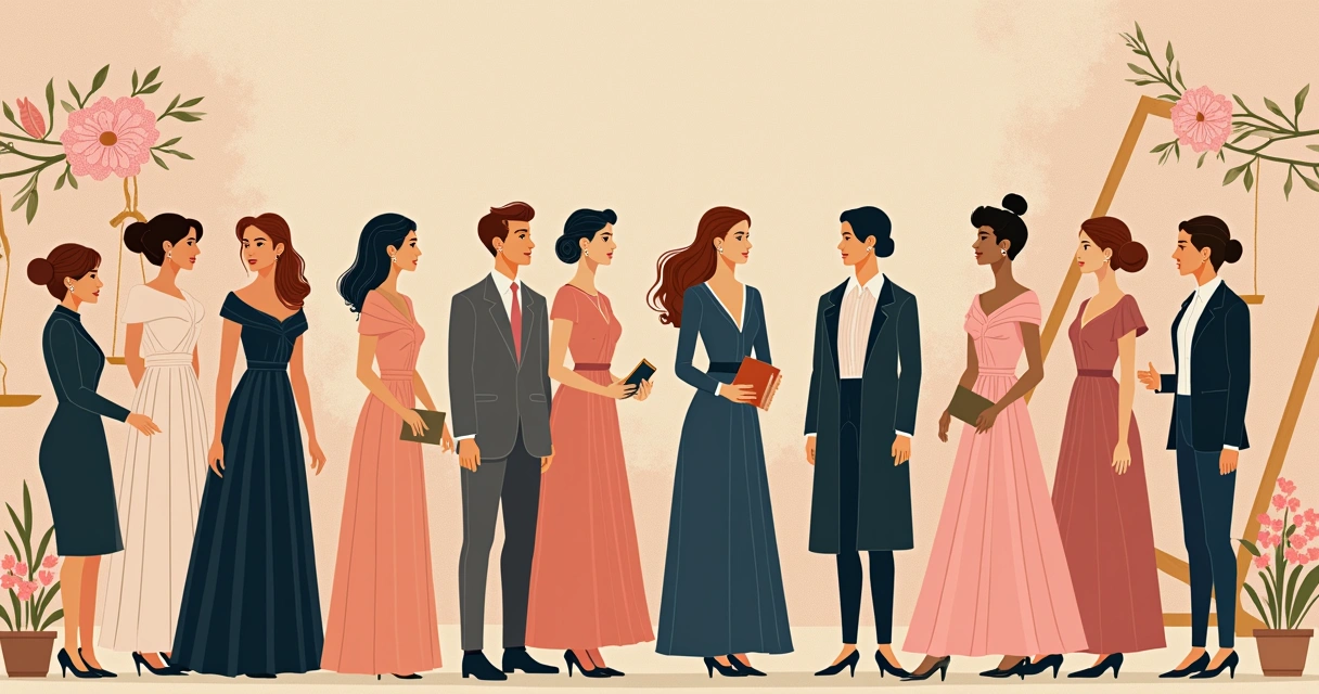 Representação visual dos padrões históricos e sociais sobre o ideal feminino, com mulheres de diferentes épocas, roupas e contextos. 