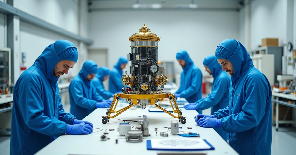 Engenheiros ao redor de sonda espacial Ramses em sala limpa