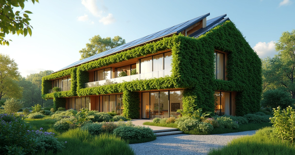 Edifício sustentável com painéis solares e fachada verde integrada 