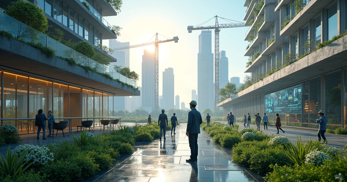 Obra sustentável com elementos verdes e tecnologia digital visível 