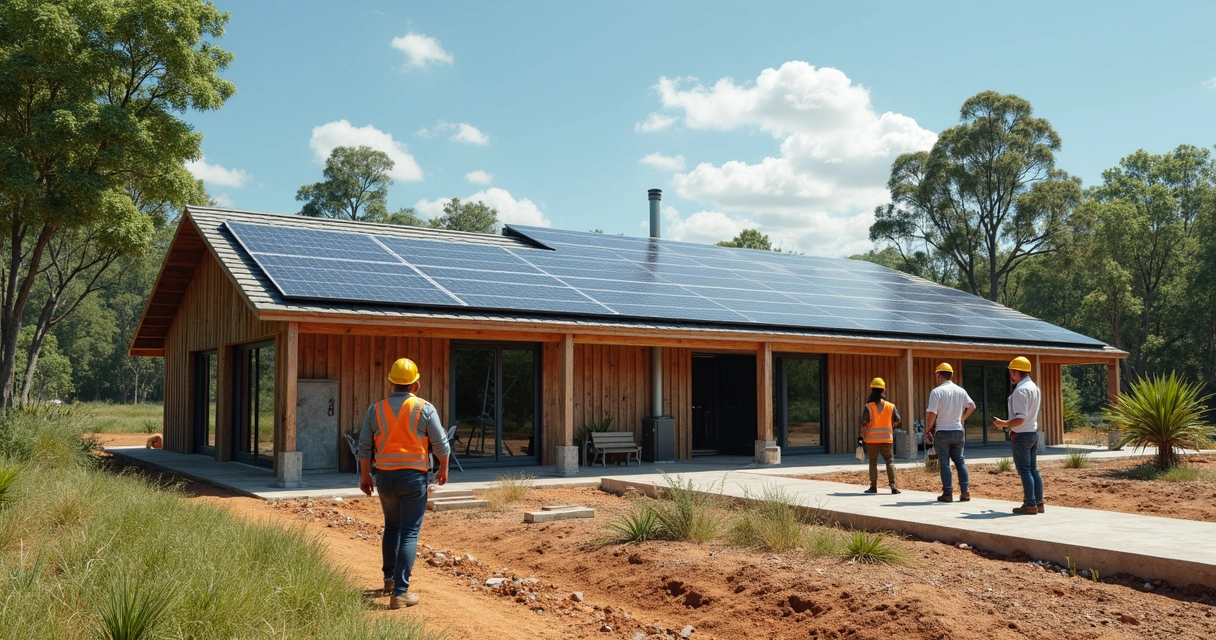 Engenheiros e operários em obra sustentável no Brasil, placas solares e área verde ao fundo 