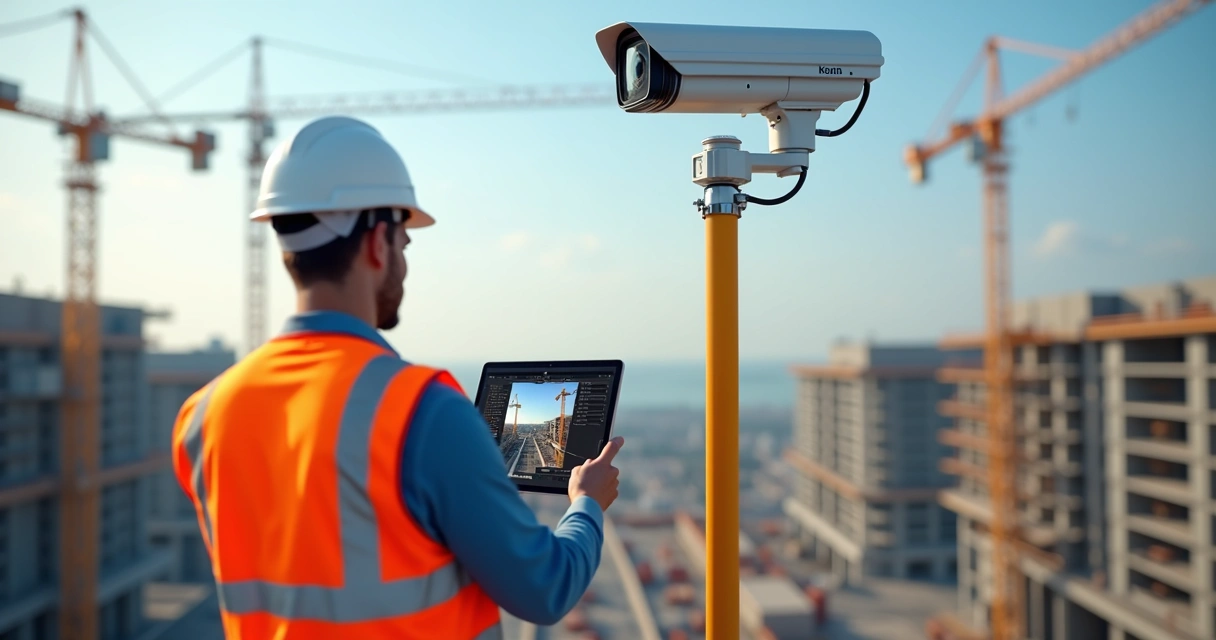 Câmera 4G solar instalada em obra acompanhada por engenheiro com tablet mostrando análise por inteligência artificial 