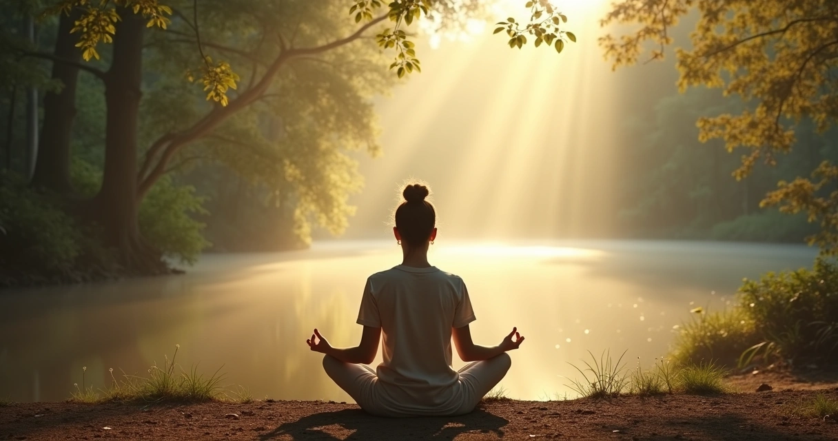 Pessoa meditando em ambiente tranquilo, com elementos naturais ao redor.