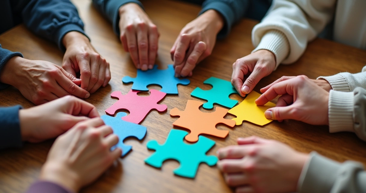 Mãos de pessoas diferentes conectando peças de um quebra-cabeça colorido 