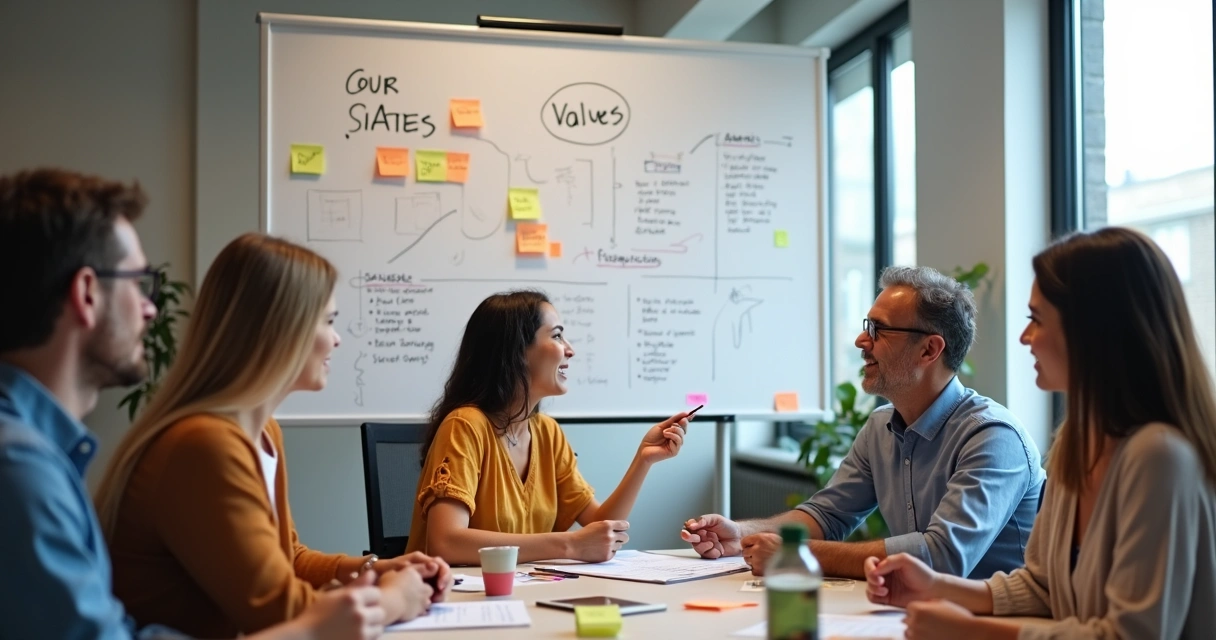 Pessoas de diferentes idades em círculo co-criando missão em quadro branco 