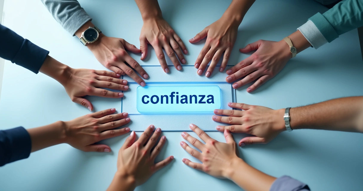 Manos de diferentes personas apoyando una tecla de confianza en un teclado 