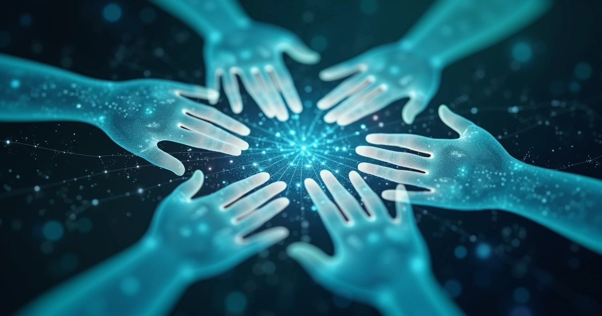 Manos virtuales conectadas en red digital 