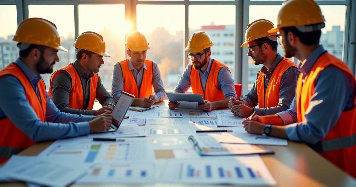 Project manager reviewing construction cost spreadsheets on site 
