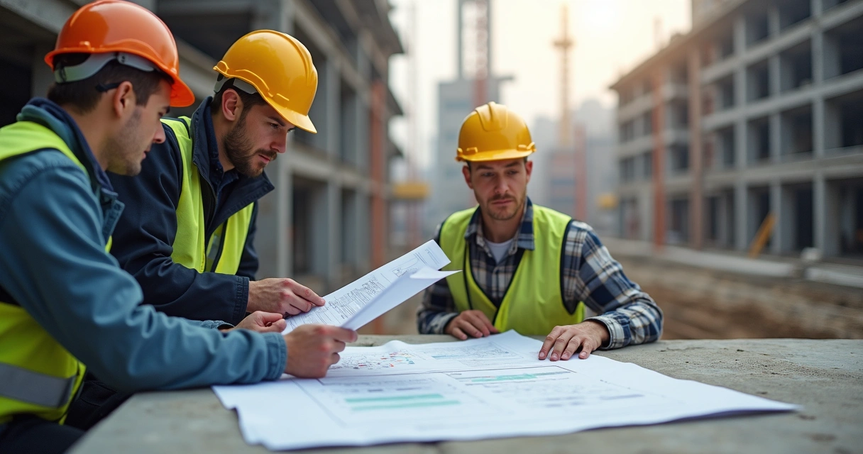 Detailed construction site with concrete slab and engineers reviewing budget plans 