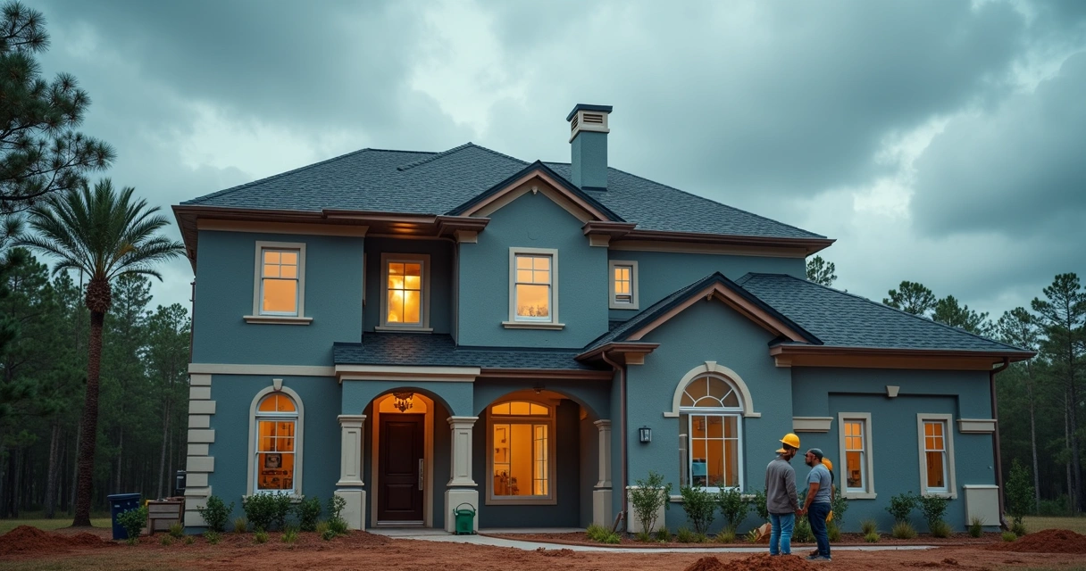 Construction crew working on exterior project under overcast sky with rain clouds in Orlando 