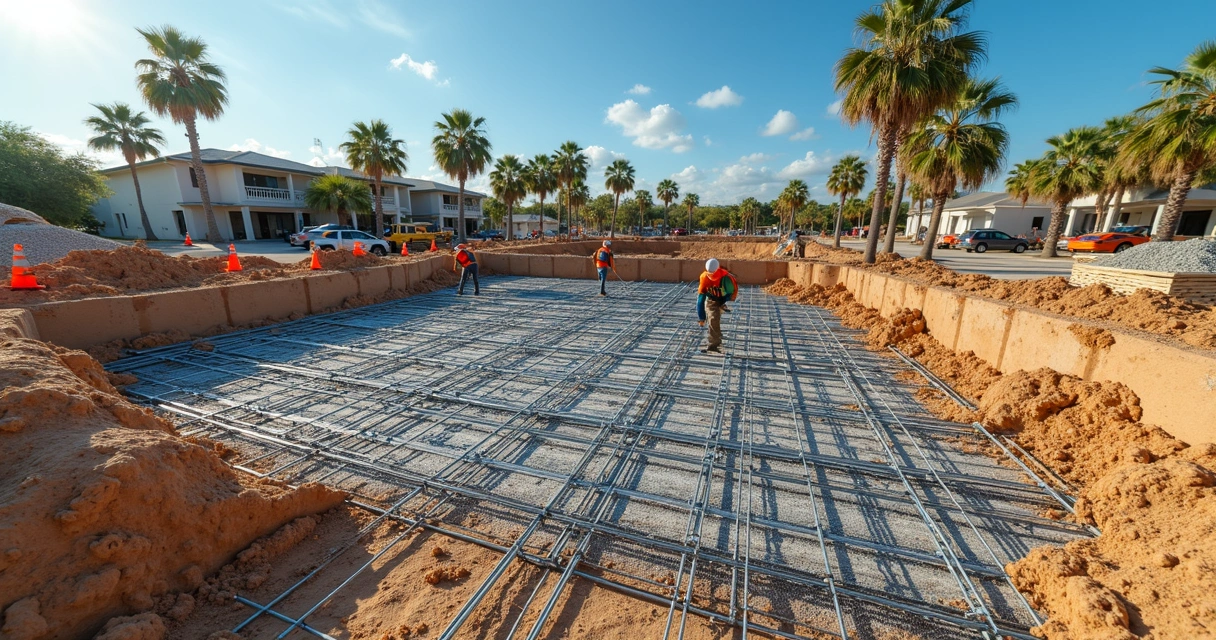 Steel rebar and wire mesh laid out on compacted sub-base at Florida construction site 