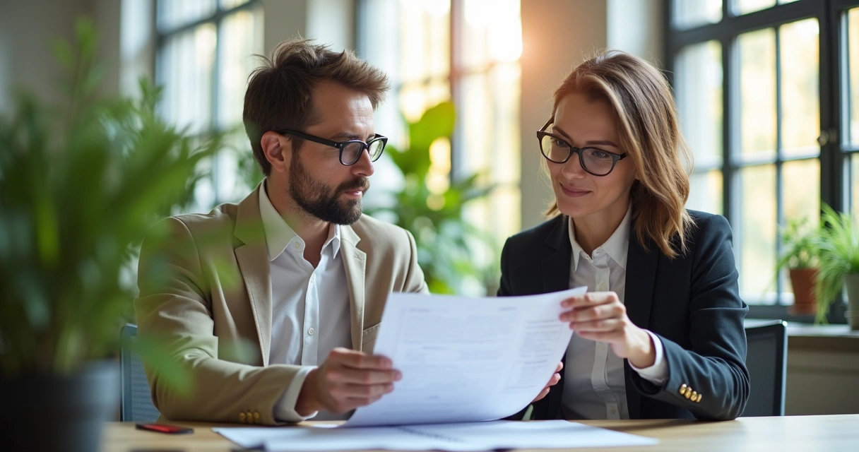 Two colleagues discussing a document in a bright workspace 