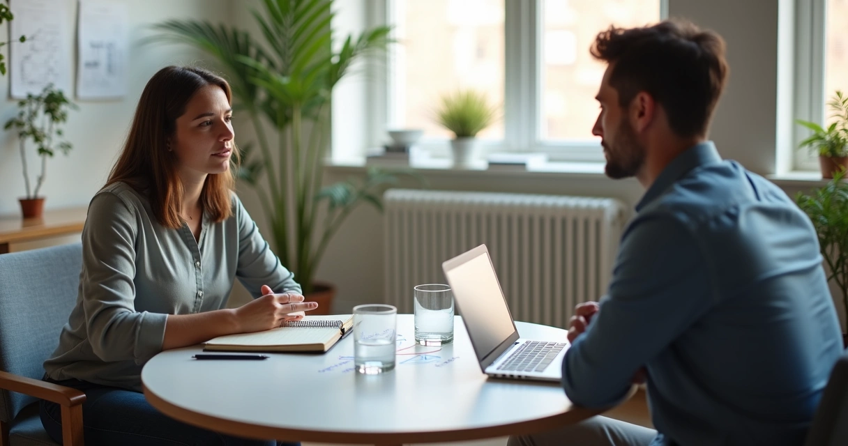 Two people in a meeting where one offers balanced feedback while the other listens thoughtfully 