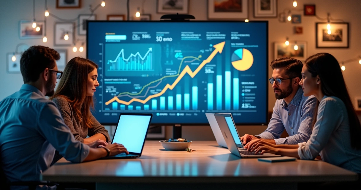Equipe construindo autoridade digital com gráficos e laptops 