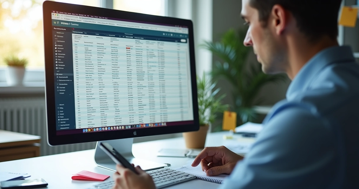 Profissional avaliando planilha de contatos no computador. 