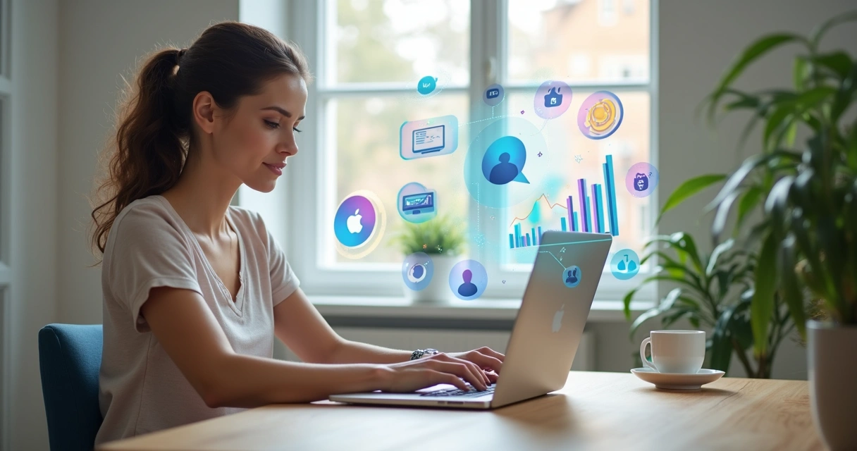 Mulher sentada em frente a laptop, criando marca pessoal com gráficos e ícones digitais ao redor 